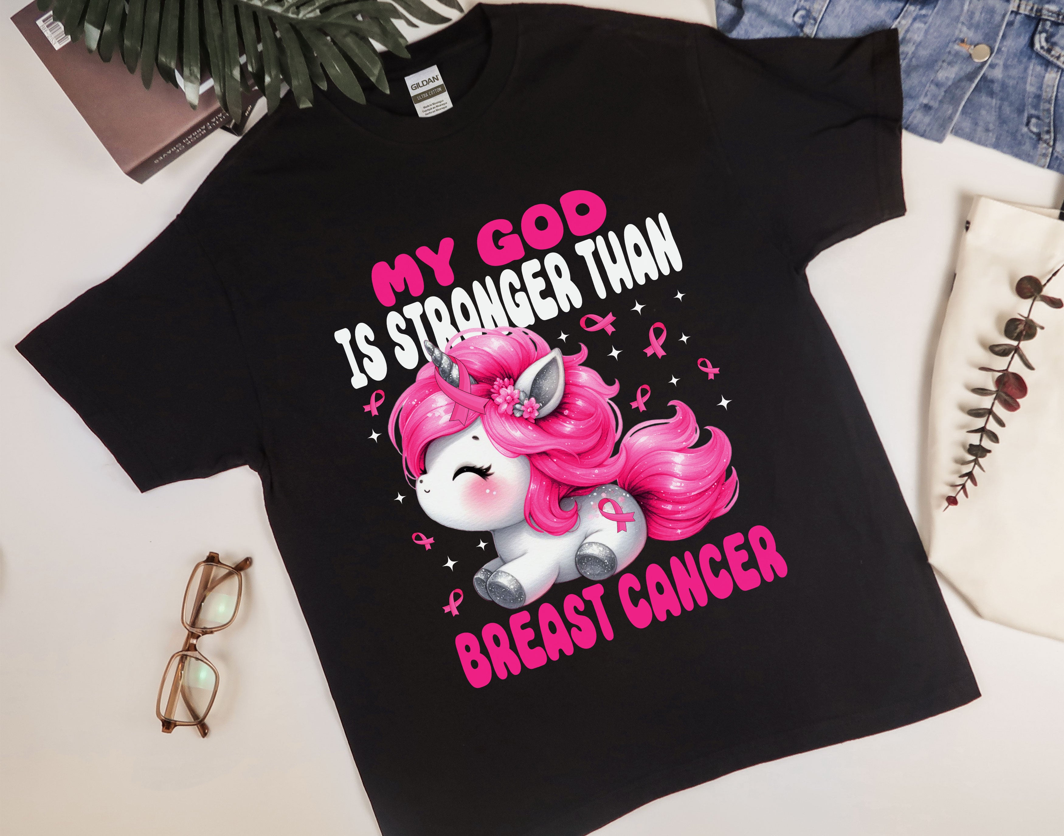 My God is Stronger Than Breast Cancer Shirt, Cute Unicorn Breast Cancer Shirt, Pink Ribbon Shirt for Cancer Fighter