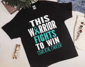 This Warrior Fights to Win Cervical Cancer Shirt, Teal Ribbon Support Gift for Cancer Fighters, Cervical Cancer Month Shirt