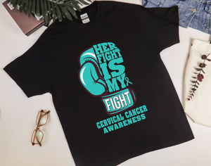 Her Fight is My Fight Boxing Glove Cervical Cancer Shirt, Support Cervical Cancer Shirt, Teal Ribbon Gift for Women