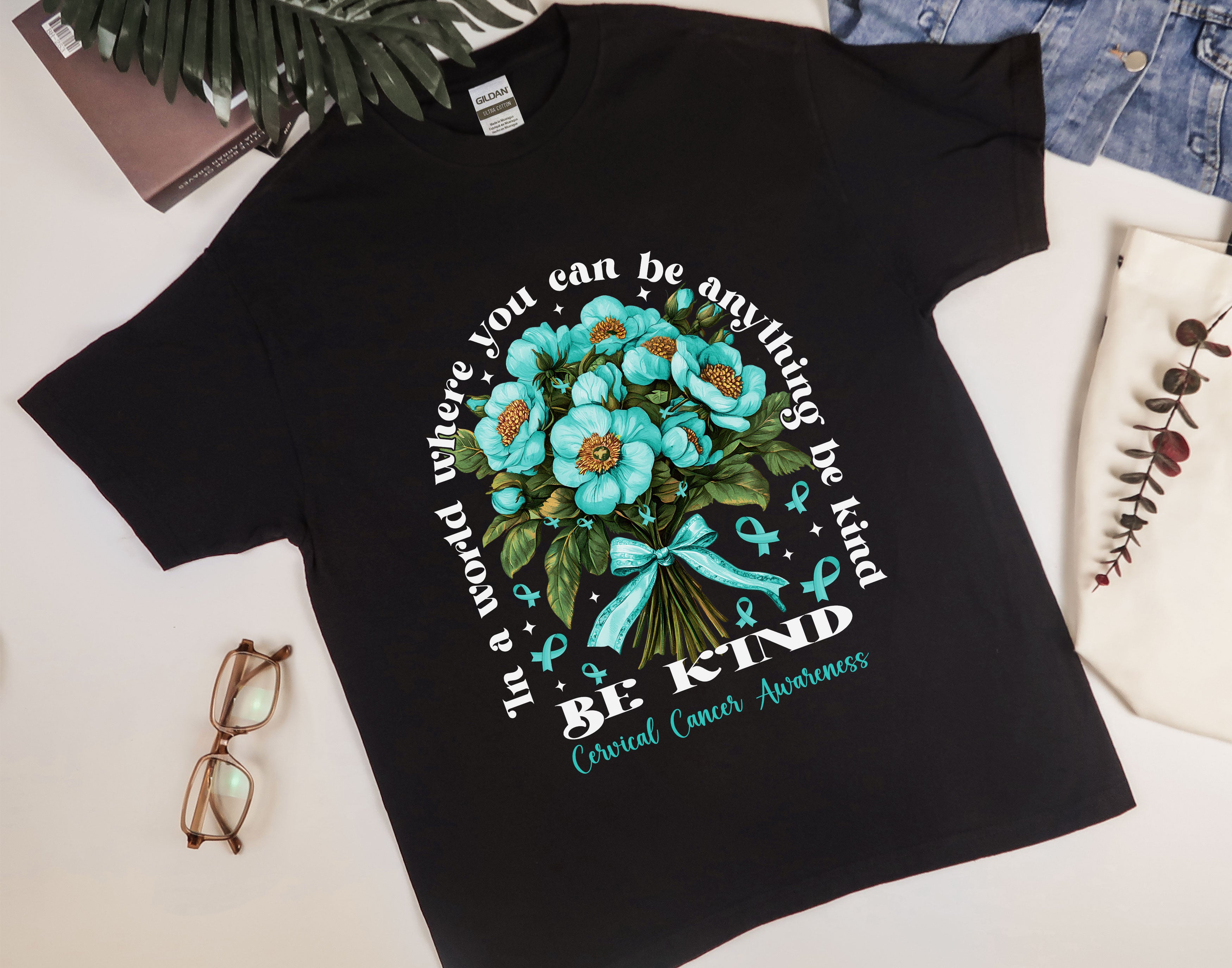 In a World Be Kind Cervical Cancer Awareness Shirt, Beautiful Floral Ribbon Support Shirt for Cervical Cancer Warrior, Cancer Survivor Gift