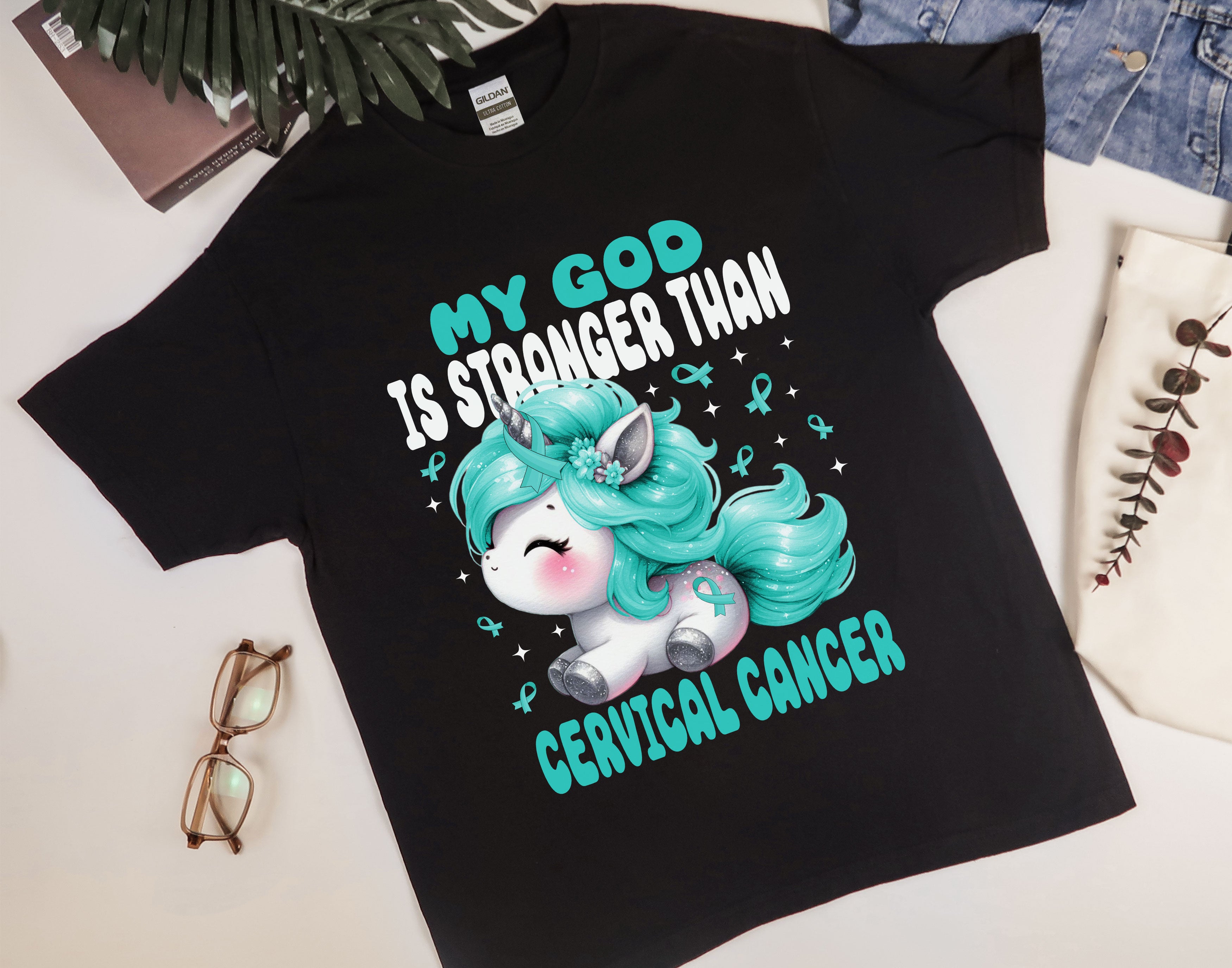 Cute Unicorn Cervical Cancer Awareness Shirt, My God is Stronger Than Cervical Cancer Shirt, Faith and Hope Shirt for Warriors