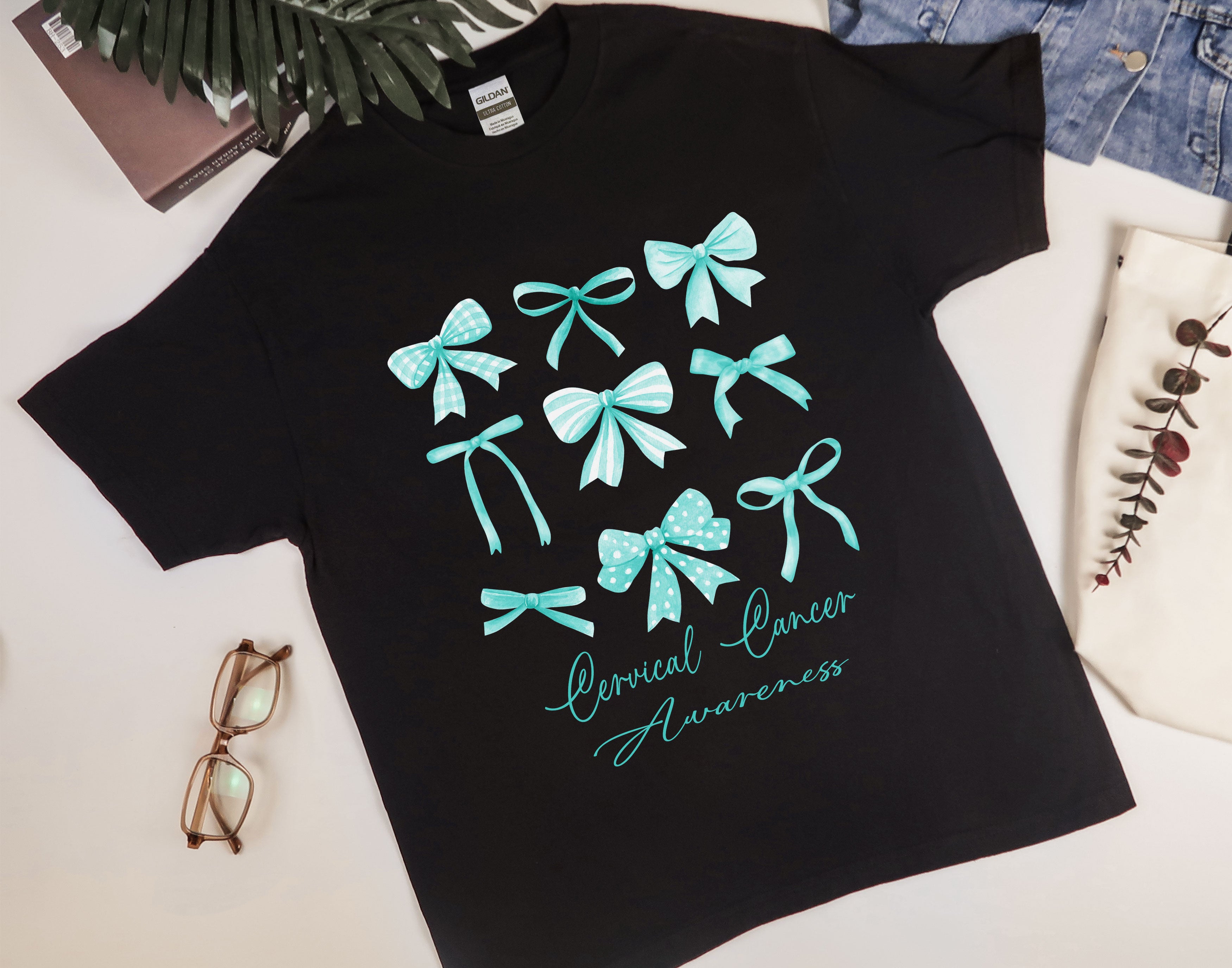 Coquette Teal Bow Shirt for Cervical Cancer Awareness, Cervical Cancer Women Shirt, Teal Ribbon Shirt for Mom