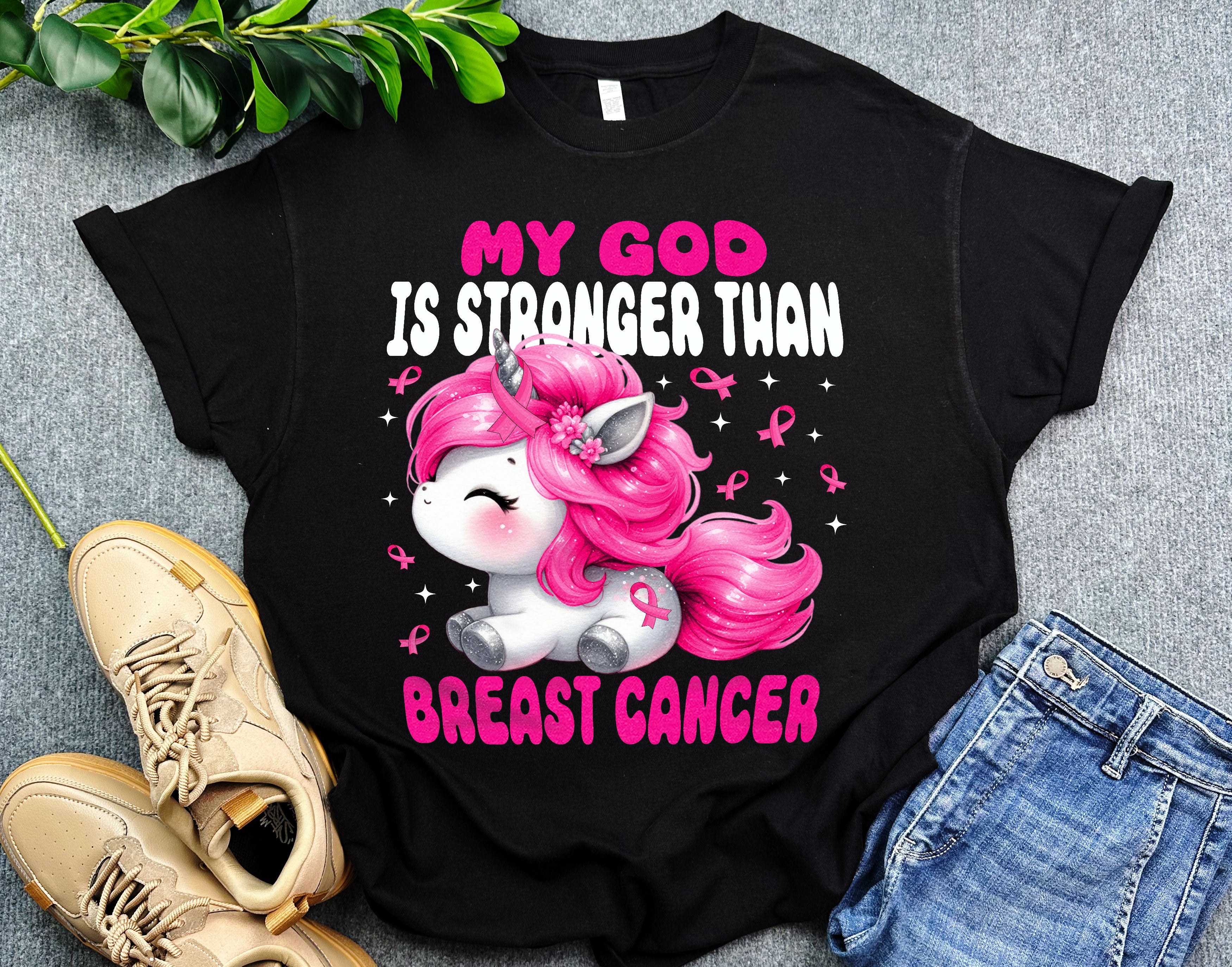 My God is Stronger Than Breast Cancer Shirt, Cute Unicorn Breast Cancer Shirt, Pink Ribbon Shirt for Cancer Fighter