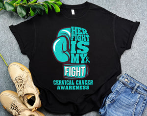 Her Fight is My Fight Boxing Glove Cervical Cancer Shirt, Support Cervical Cancer Shirt, Teal Ribbon Gift for Women