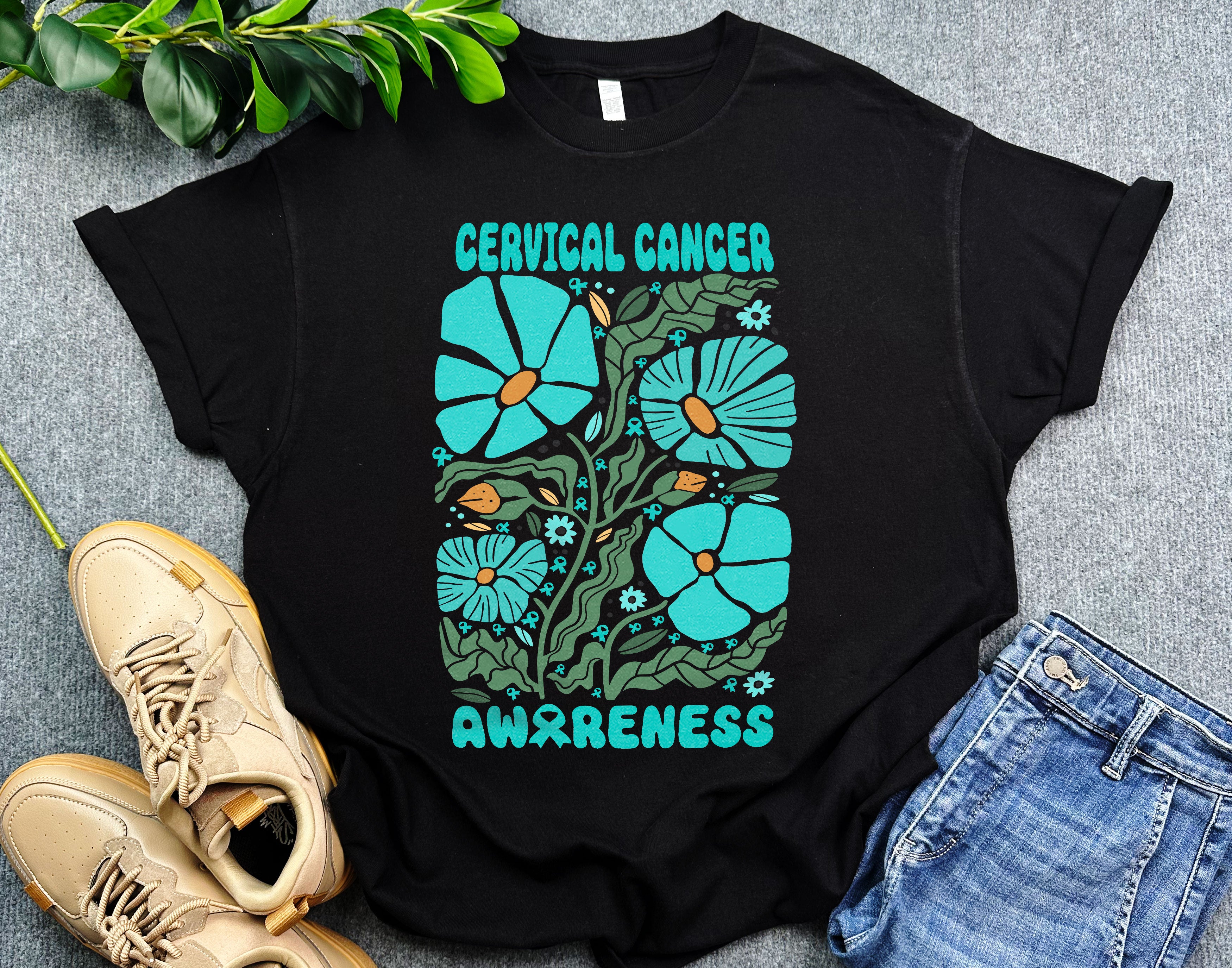 Boho Flower Cervical Cancer Awareness Shirt, Teal Flower Shirt for Cervical Cancer Warrior, Support Cancer Fighter Shirt