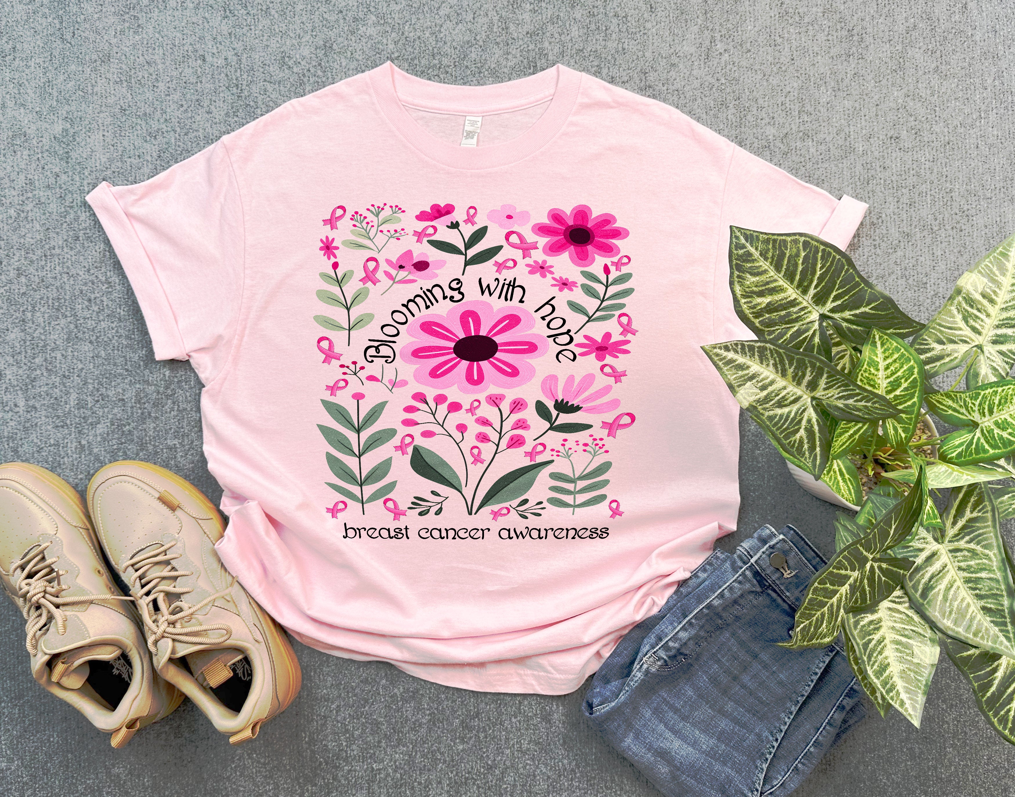 Bloom with Hope Breast Cancer Awareness Shirt, Floral Breast Cancer Shirt, Pink Ribbon Support Cancer Fighters Shirt