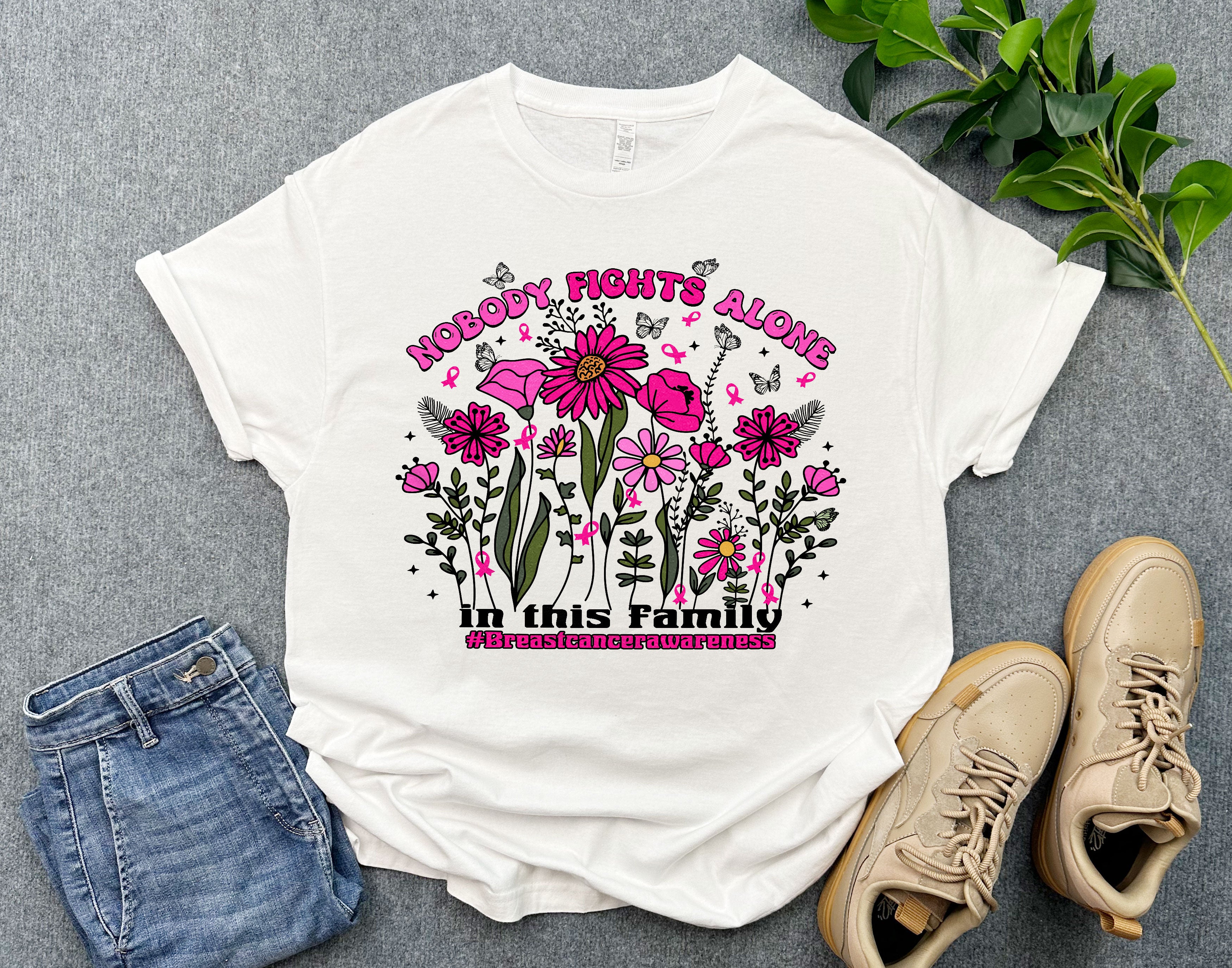 Floral Breast Cancer Awareness Shirt, In This Family Nobody Fights Alone Breast Cancer Shirt, Cancer Support Shirt, Gift For Cancer Fighters