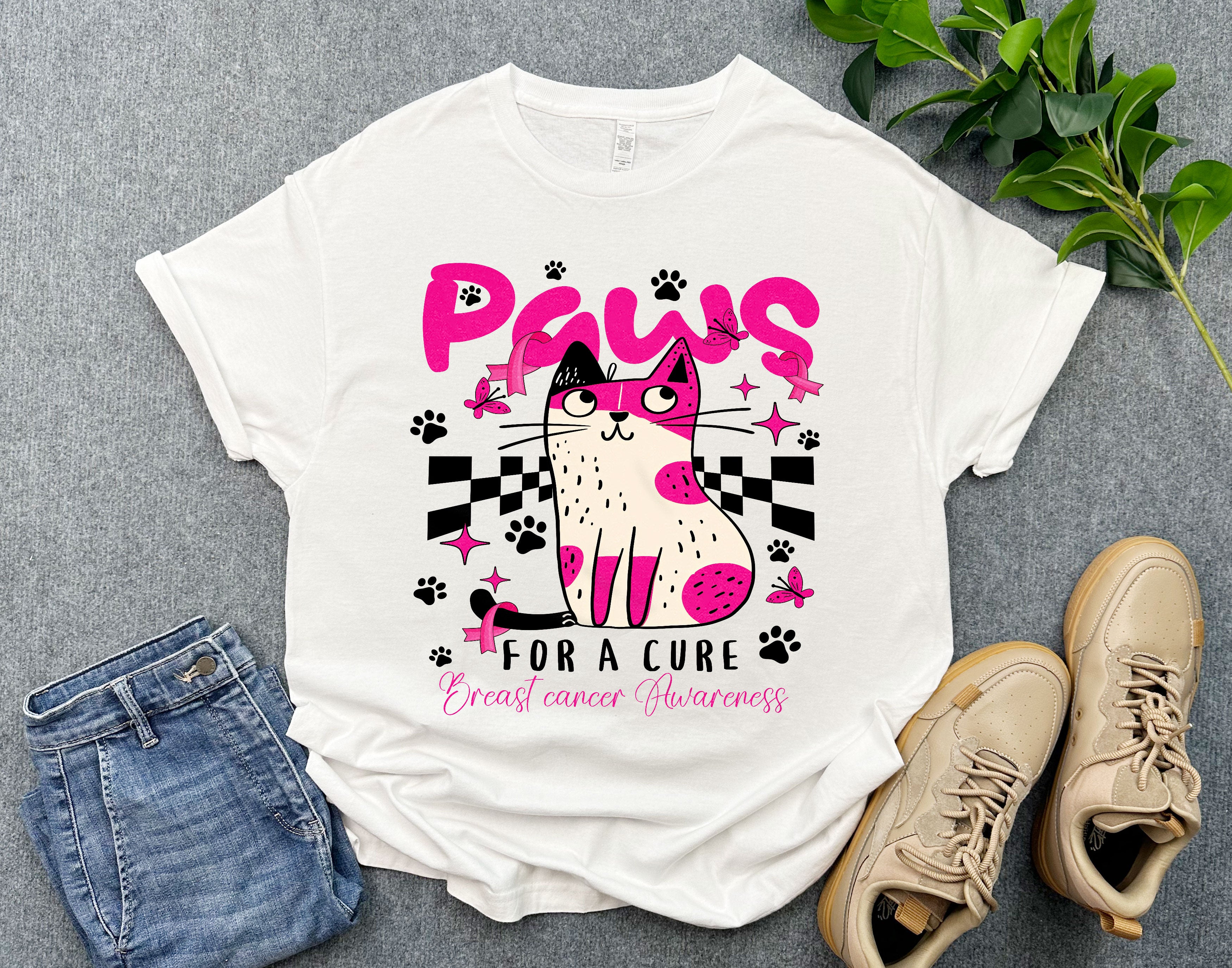 Cute Cat and Pink Ribbon Breast Cancer Awareness Shirt, Paws For a Cure Shirt for Warriors, Cat Lover Gift