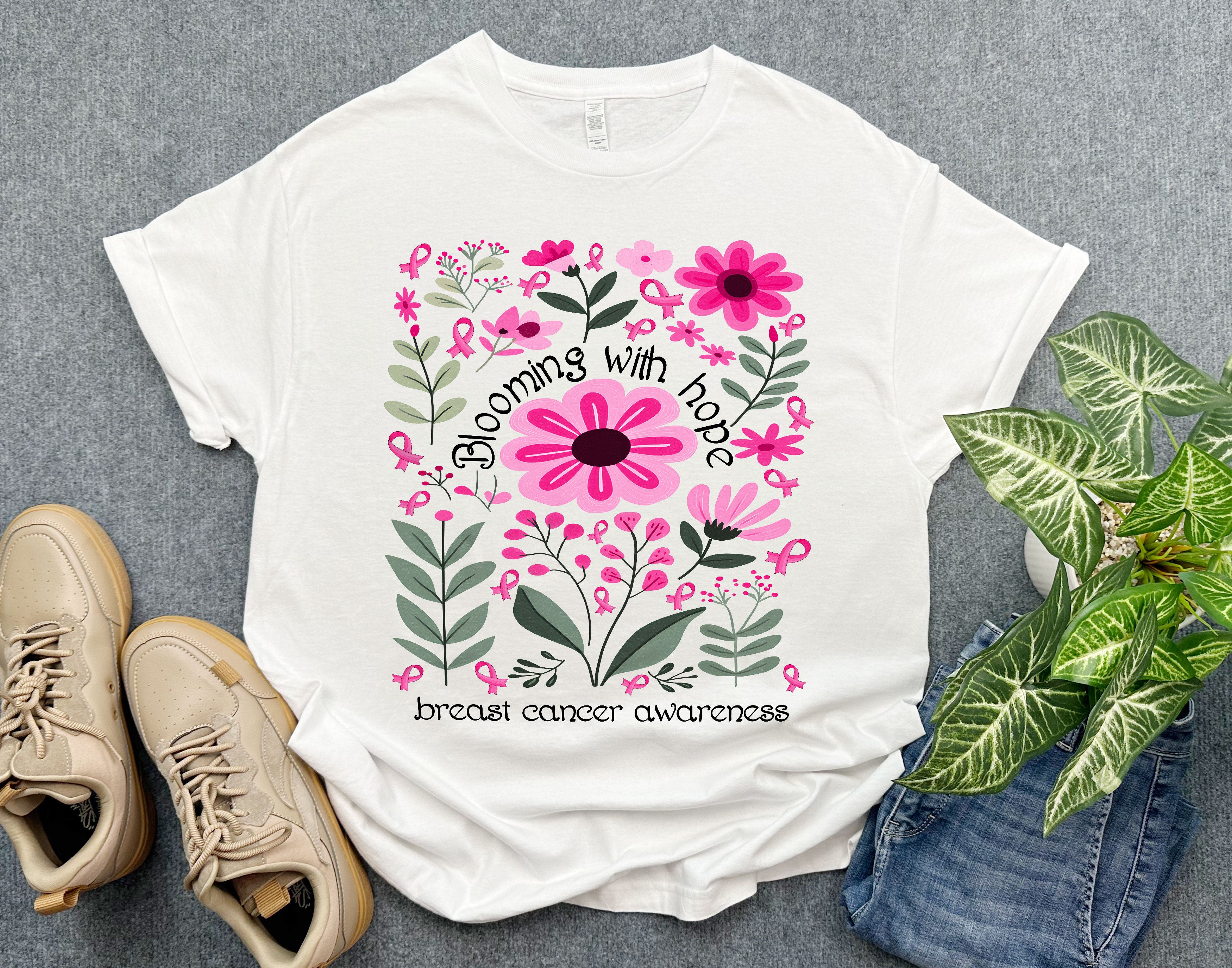 Bloom with Hope Breast Cancer Awareness Shirt, Floral Breast Cancer Shirt, Pink Ribbon Support Cancer Fighters Shirt