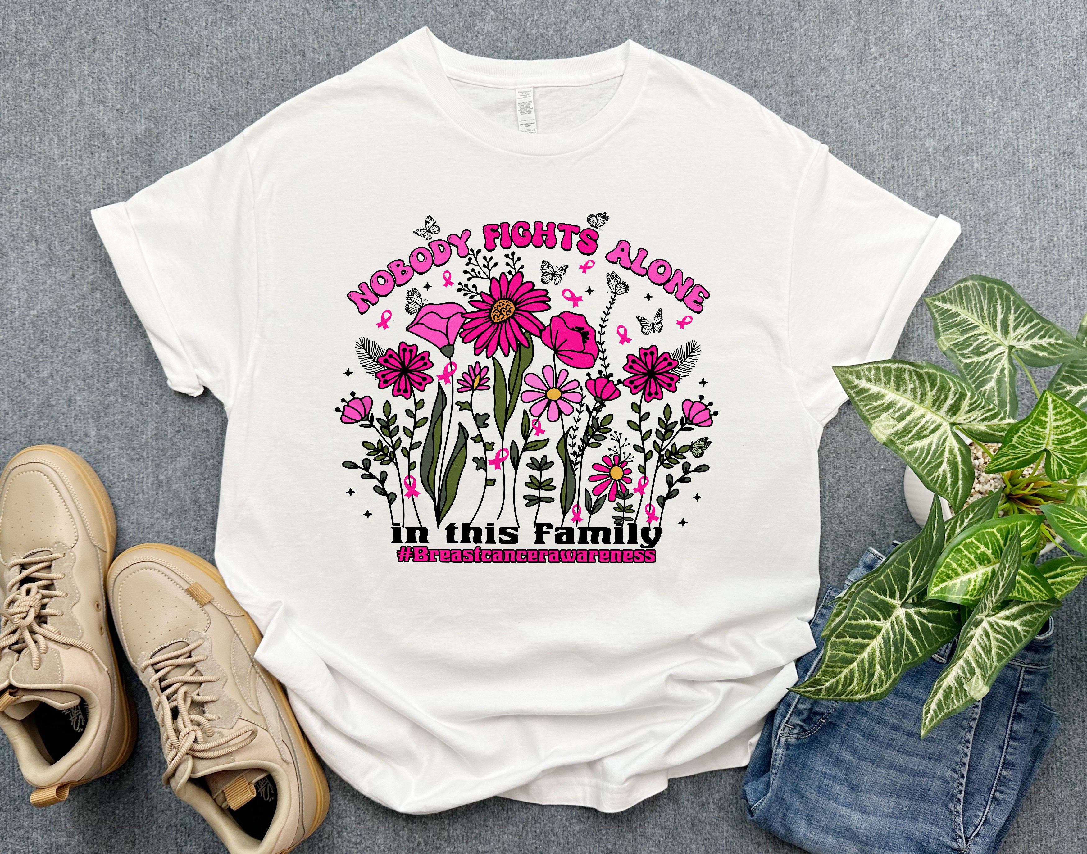 Floral Breast Cancer Awareness Shirt, In This Family Nobody Fights Alone Breast Cancer Shirt, Cancer Support Shirt, Gift For Cancer Fighters