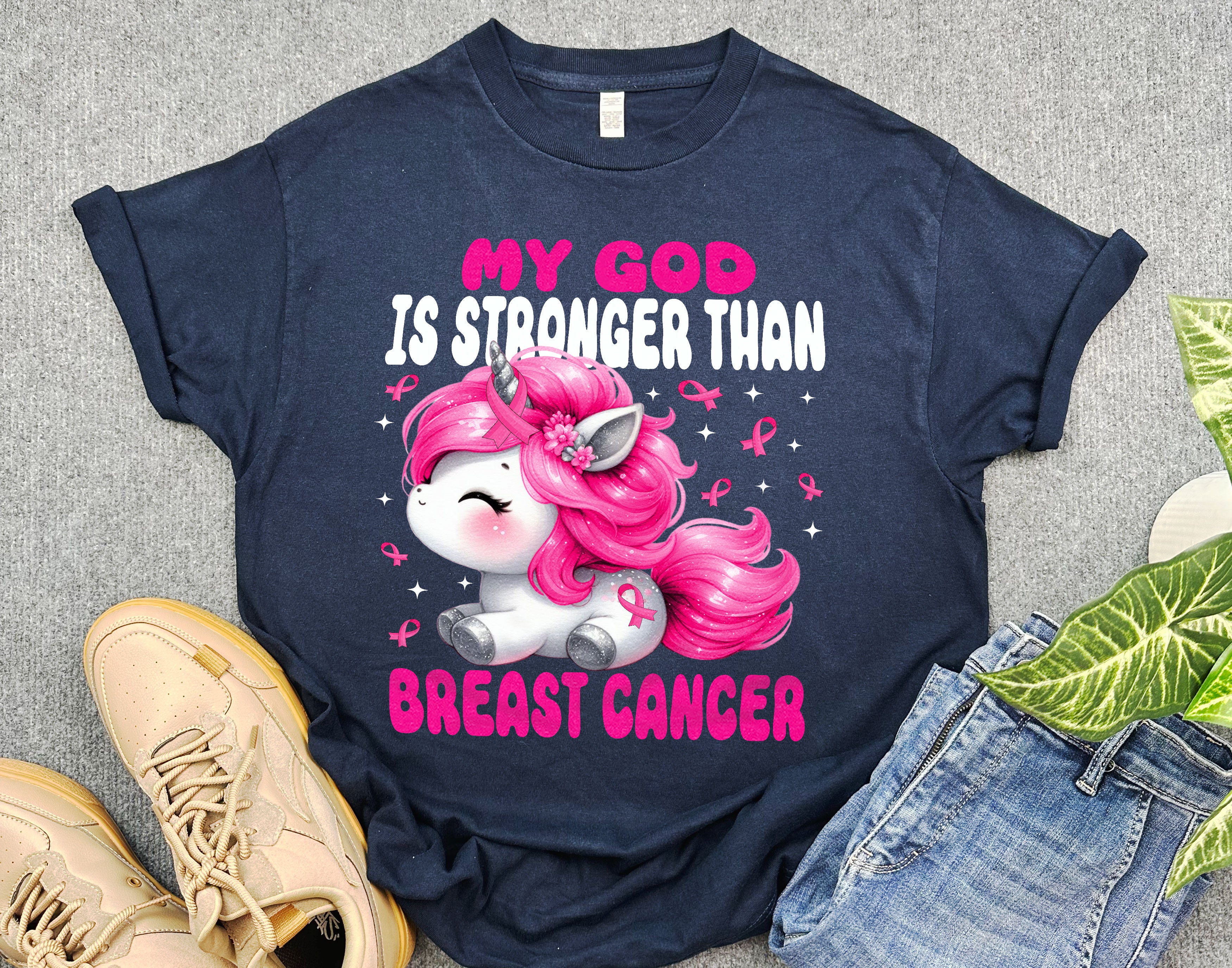 My God is Stronger Than Breast Cancer Shirt, Cute Unicorn Breast Cancer Shirt, Pink Ribbon Shirt for Cancer Fighter