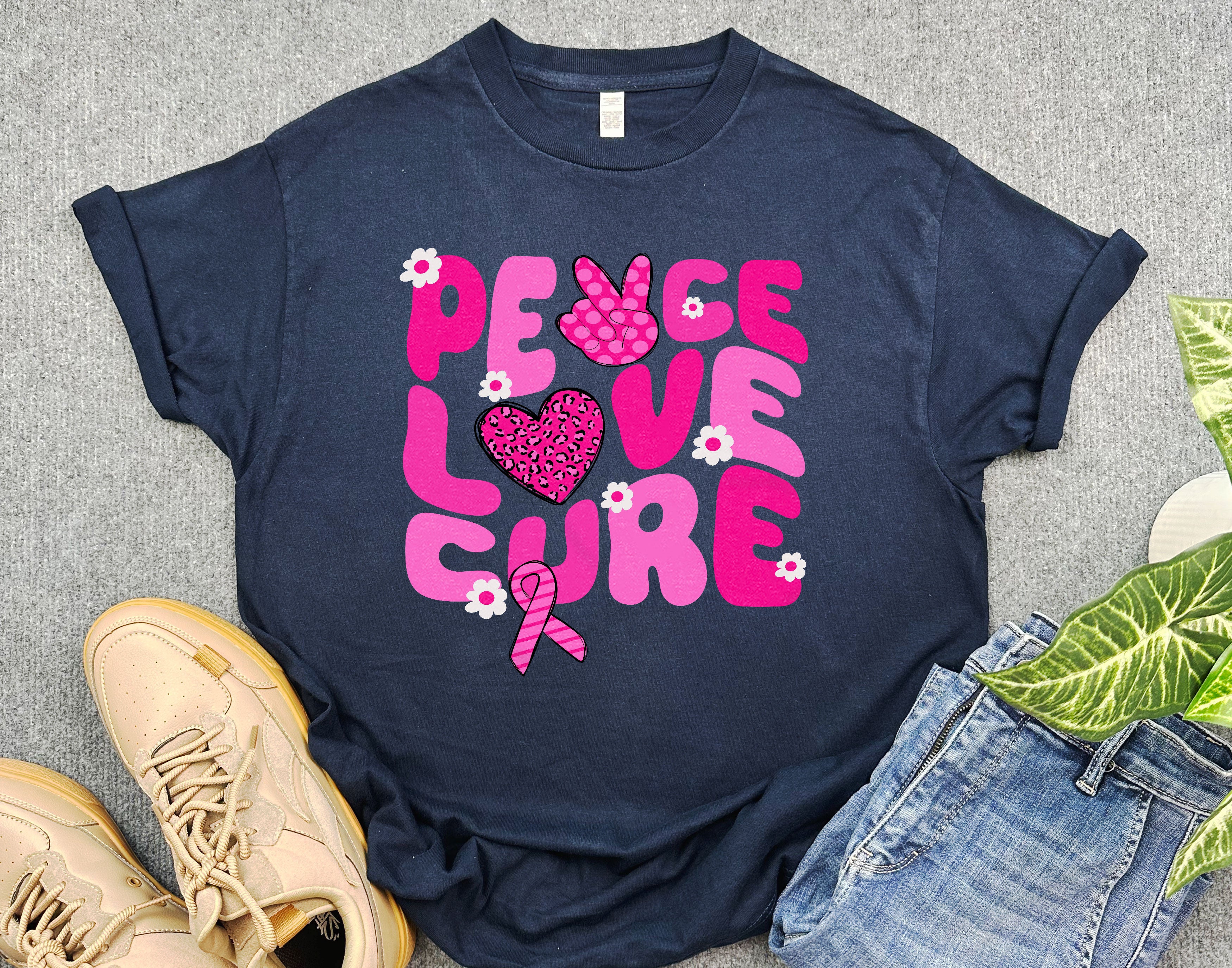 Breast Cancer Awareness Shirt, Peace Love Cure Shirt, Pink Ribbon Shirt, Support Gift for Breast Cancer Warrior Fighter