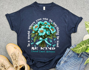 In a World Be Kind Cervical Cancer Awareness Shirt, Beautiful Floral Ribbon Support Shirt for Cervical Cancer Warrior, Cancer Survivor Gift