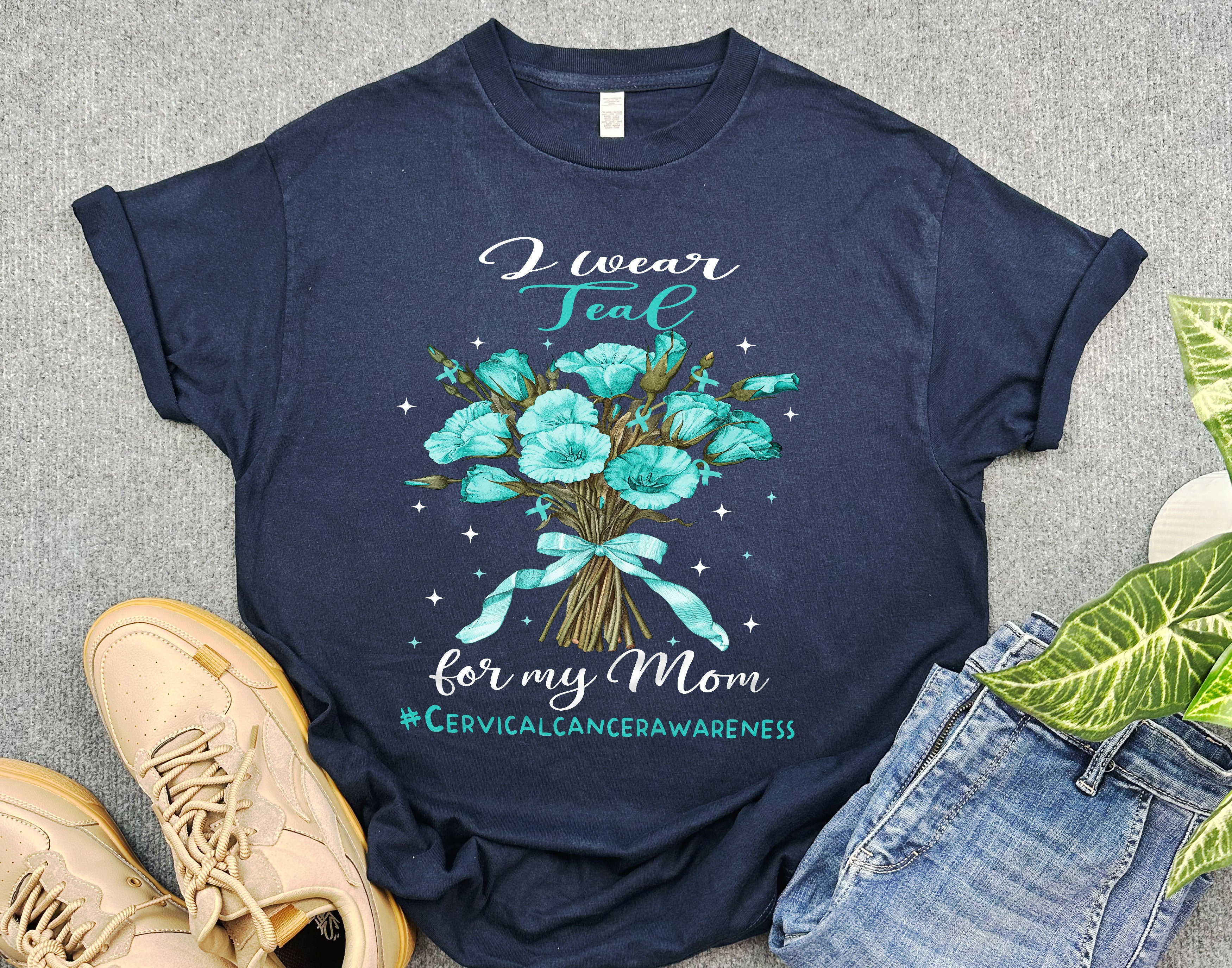 I Wear Teal Flowers for Mom Cervical Cancer Awareness Shirt, Beautiful Floral Shirt, Support for My Mom, Teal Ribbon Gift