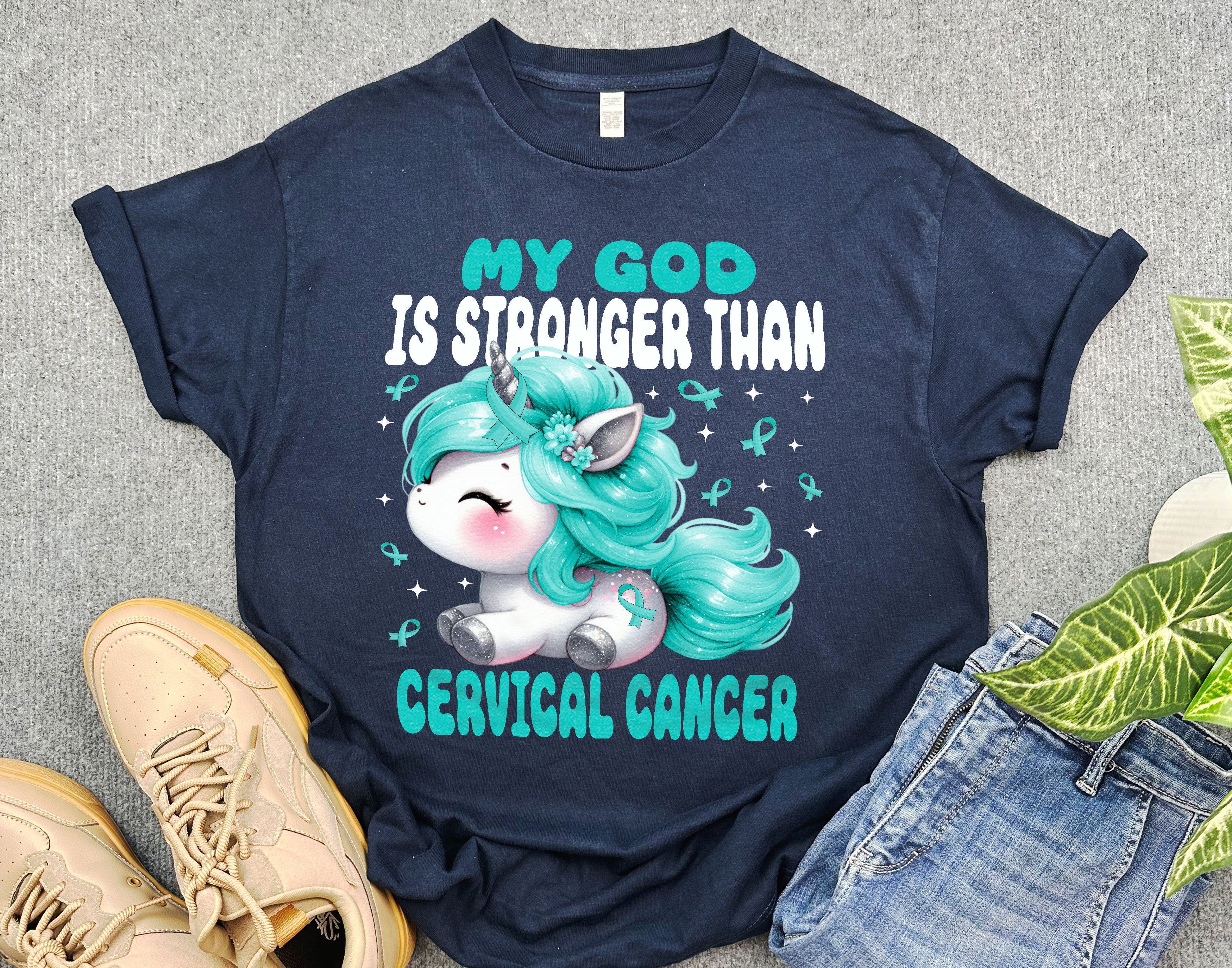 Cute Unicorn Cervical Cancer Awareness Shirt, My God is Stronger Than Cervical Cancer Shirt, Faith and Hope Shirt for Warriors