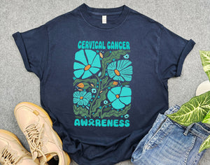 Boho Flower Cervical Cancer Awareness Shirt, Teal Flower Shirt for Cervical Cancer Warrior, Support Cancer Fighter Shirt